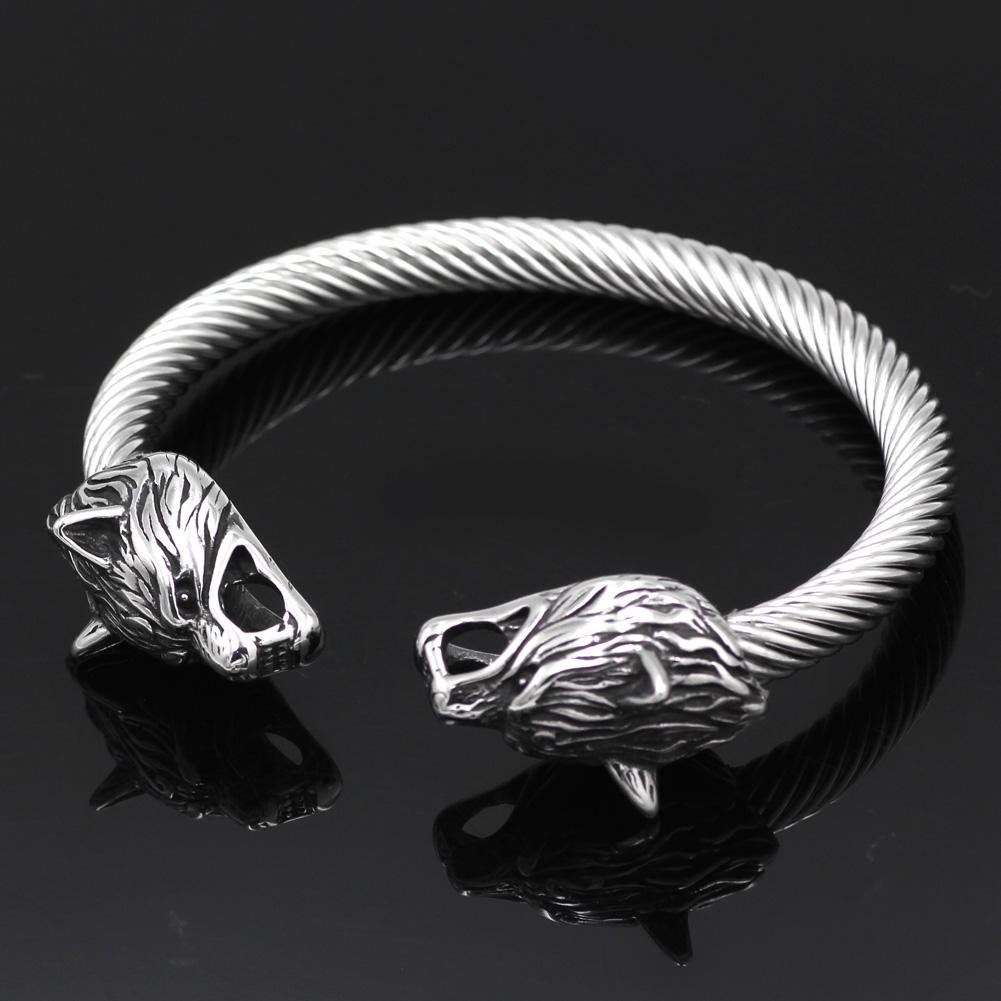 316L Stainless Steel Fenrir Wolf Head Ends Bracelet - VikingsBrand