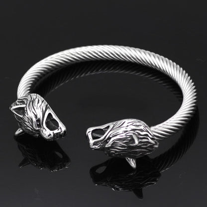 316L Stainless Steel Fenrir Wolf Head Ends Bracelet - VikingsBrand