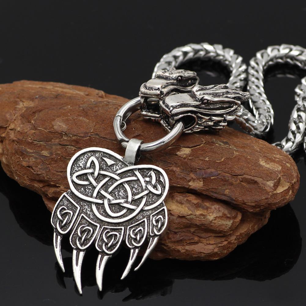 316L Stainless Steel Wolf Head Necklace with Bear Paw Pendant - VikingsBrand