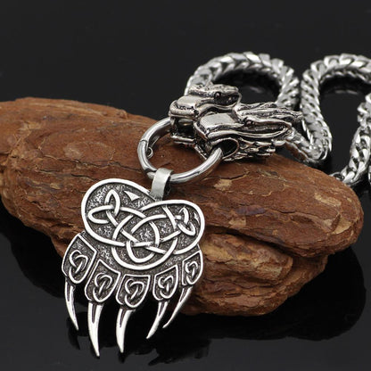 316L Stainless Steel Wolf Head Necklace with Bear Paw Pendant - VikingsBrand