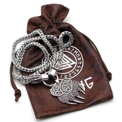 316L Stainless Steel Wolf Head Necklace with Bear Paw Pendant - VikingsBrand