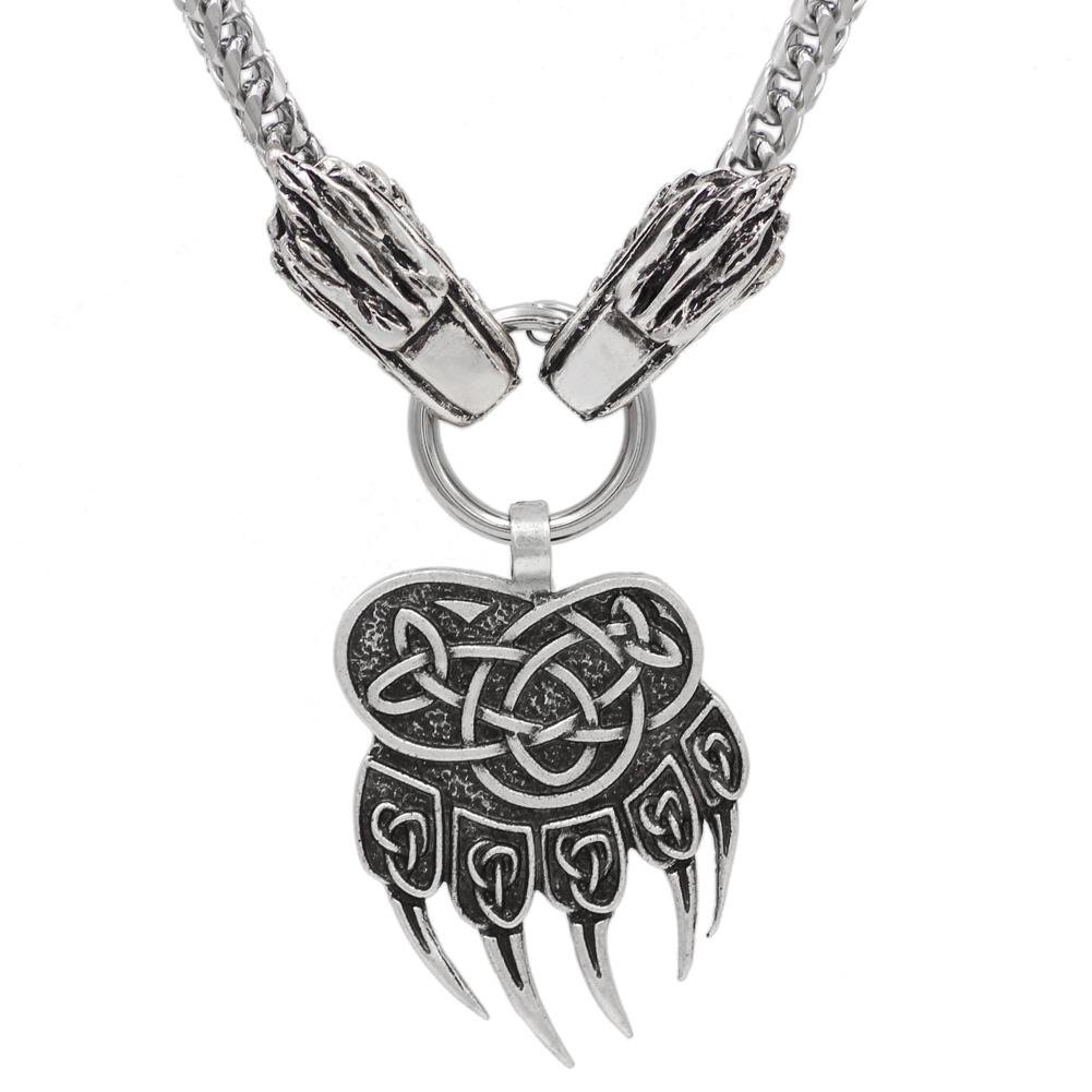 316L Stainless Steel Wolf Head Necklace with Bear Paw Pendant - VikingsBrand