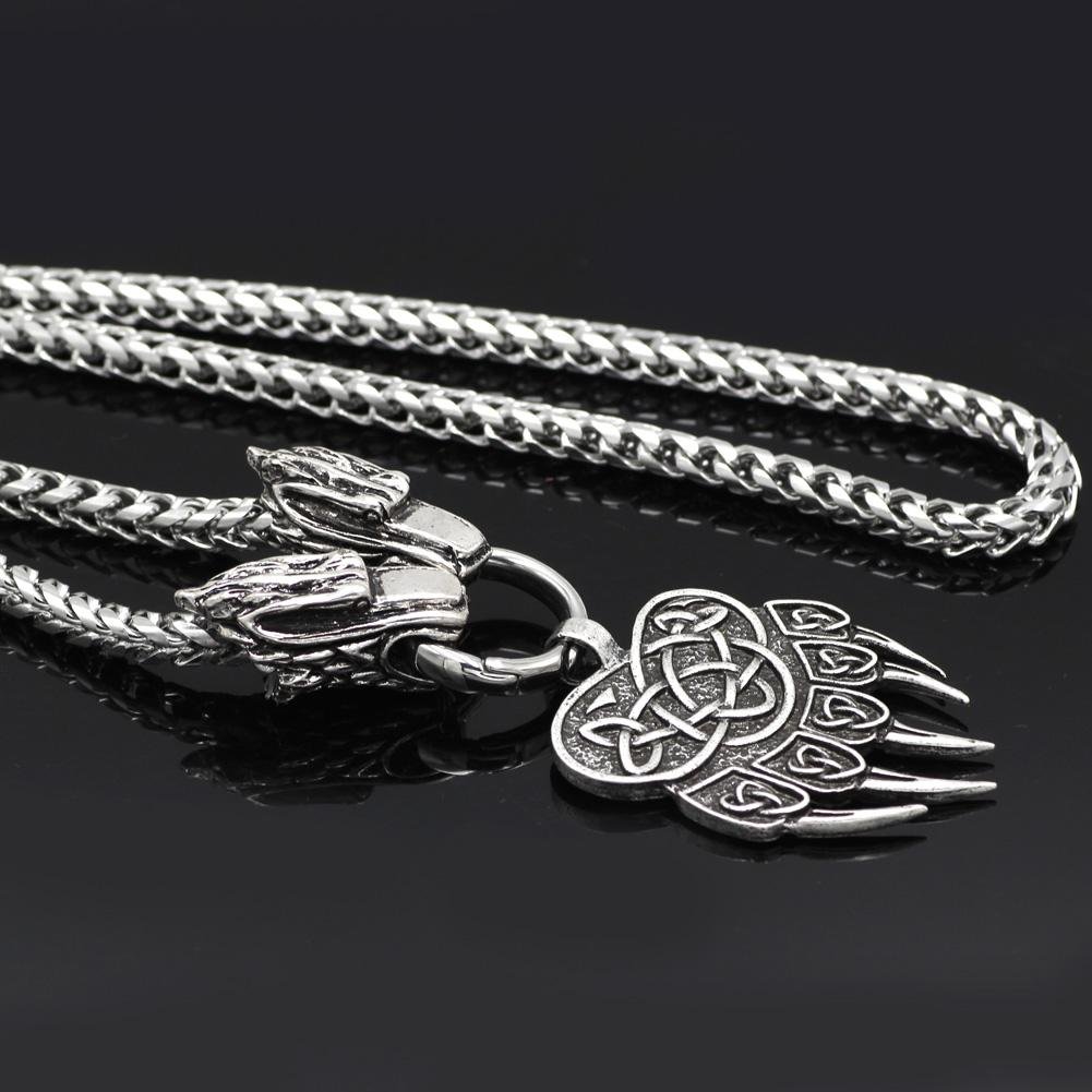 316L Stainless Steel Wolf Head Necklace with Bear Paw Pendant - VikingsBrand