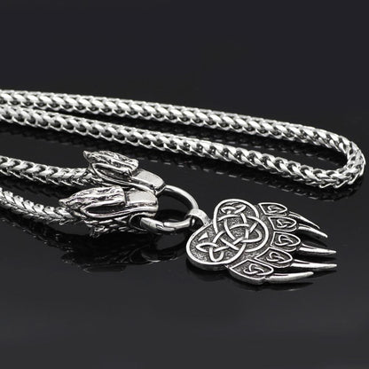 316L Stainless Steel Wolf Head Necklace with Bear Paw Pendant - VikingsBrand