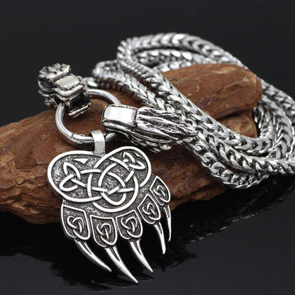 316L Stainless Steel Wolf Head Necklace with Bear Paw Pendant - VikingsBrand