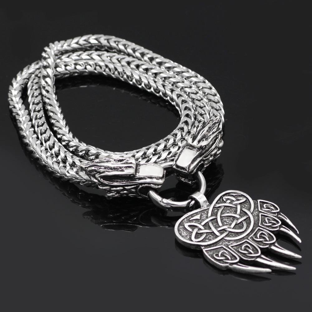 316L Stainless Steel Wolf Head Necklace with Bear Paw Pendant - VikingsBrand