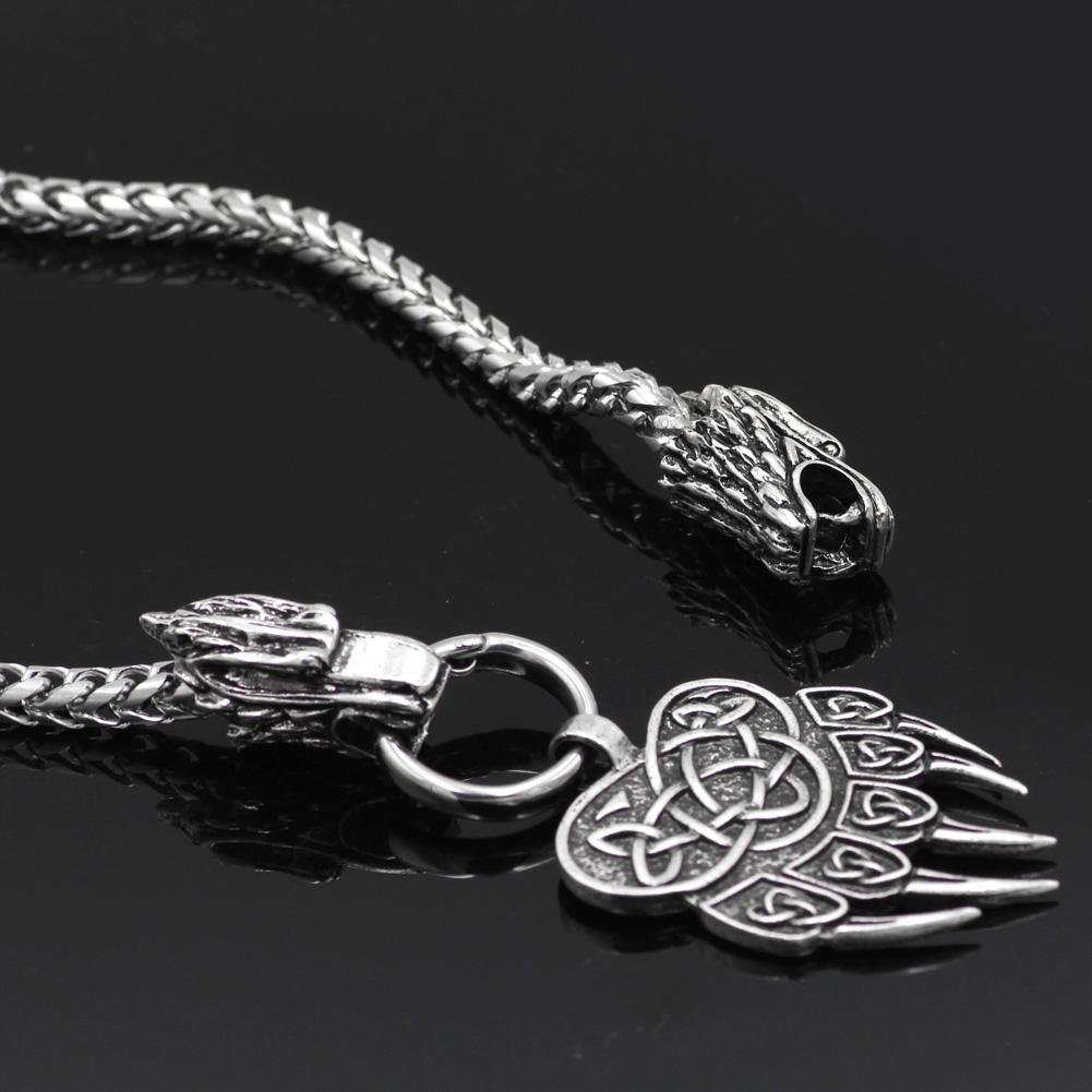 316L Stainless Steel Wolf Head Necklace with Bear Paw Pendant - VikingsBrand