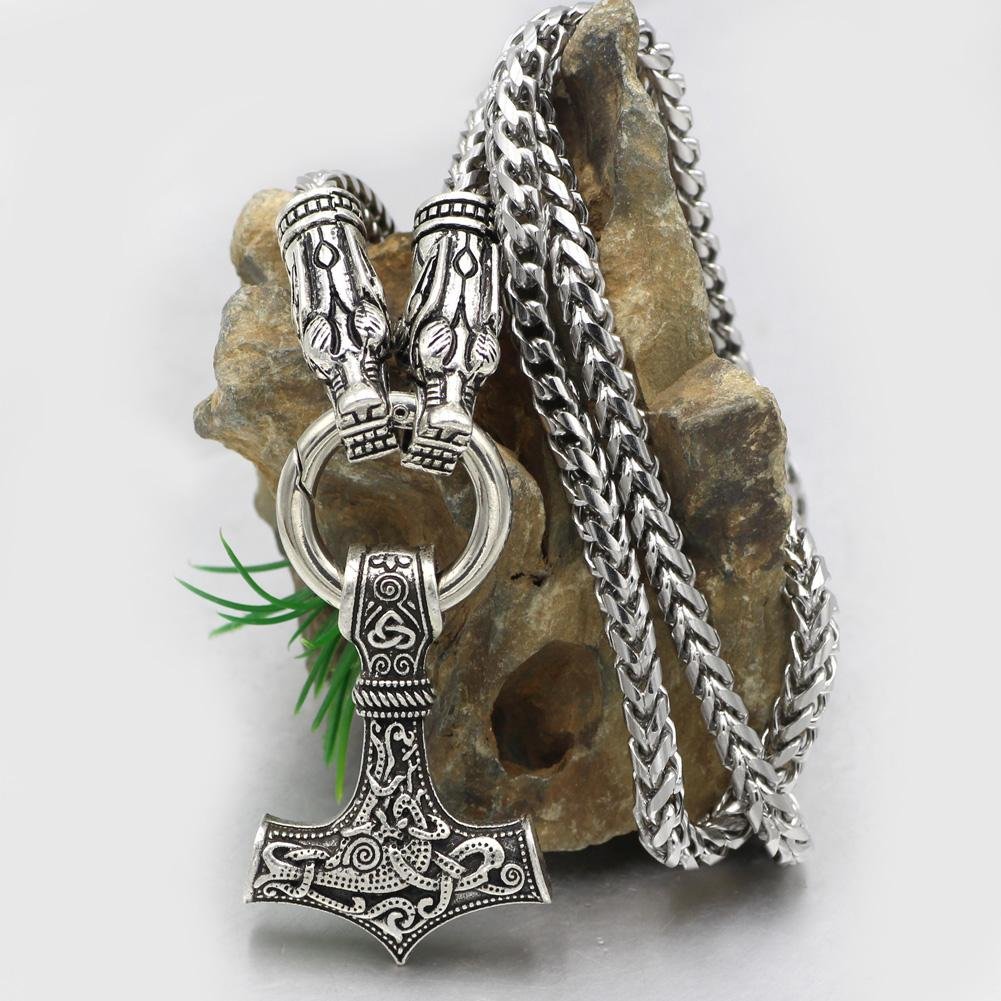 316L Stainless Steel Wolf Head Necklace with Thor's Hammer - VikingsBrand
