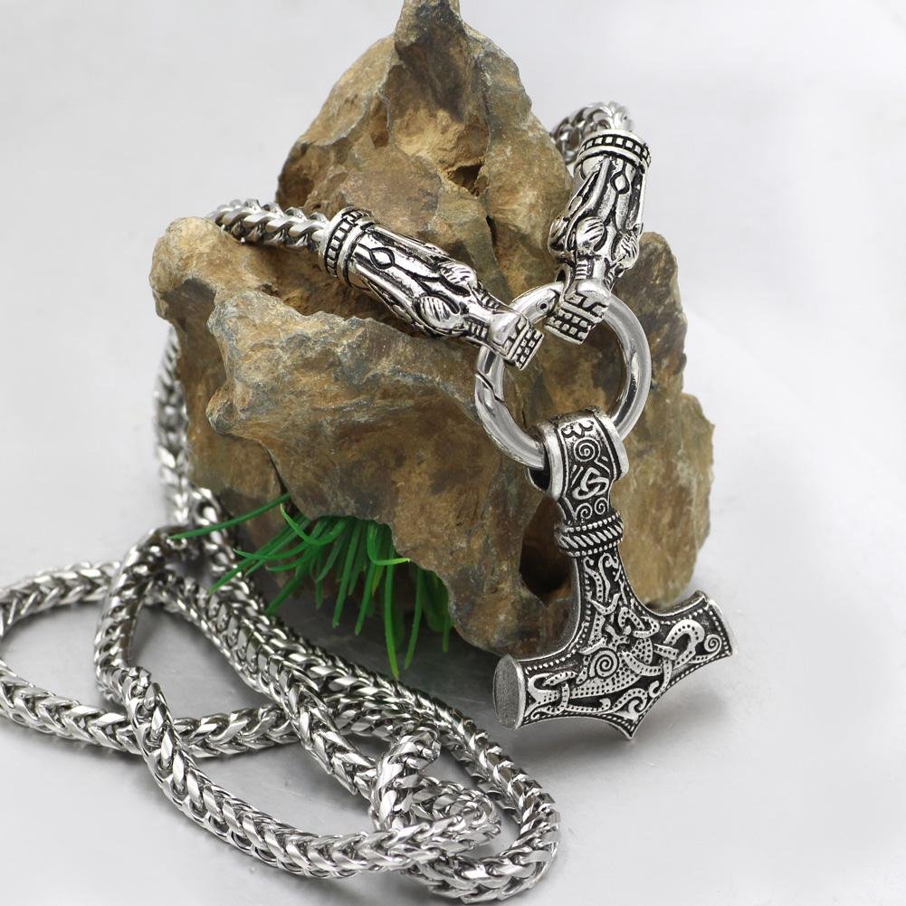 316L Stainless Steel Wolf Head Necklace with Thor's Hammer - VikingsBrand