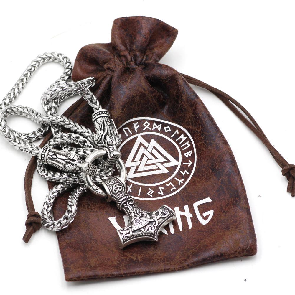 316L Stainless Steel Wolf Head Necklace with Thor's Hammer - VikingsBrand