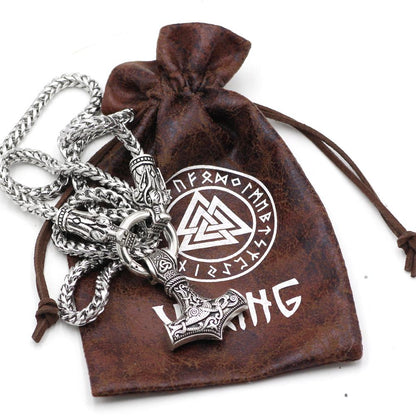 316L Stainless Steel Wolf Head Necklace with Thor's Hammer - VikingsBrand