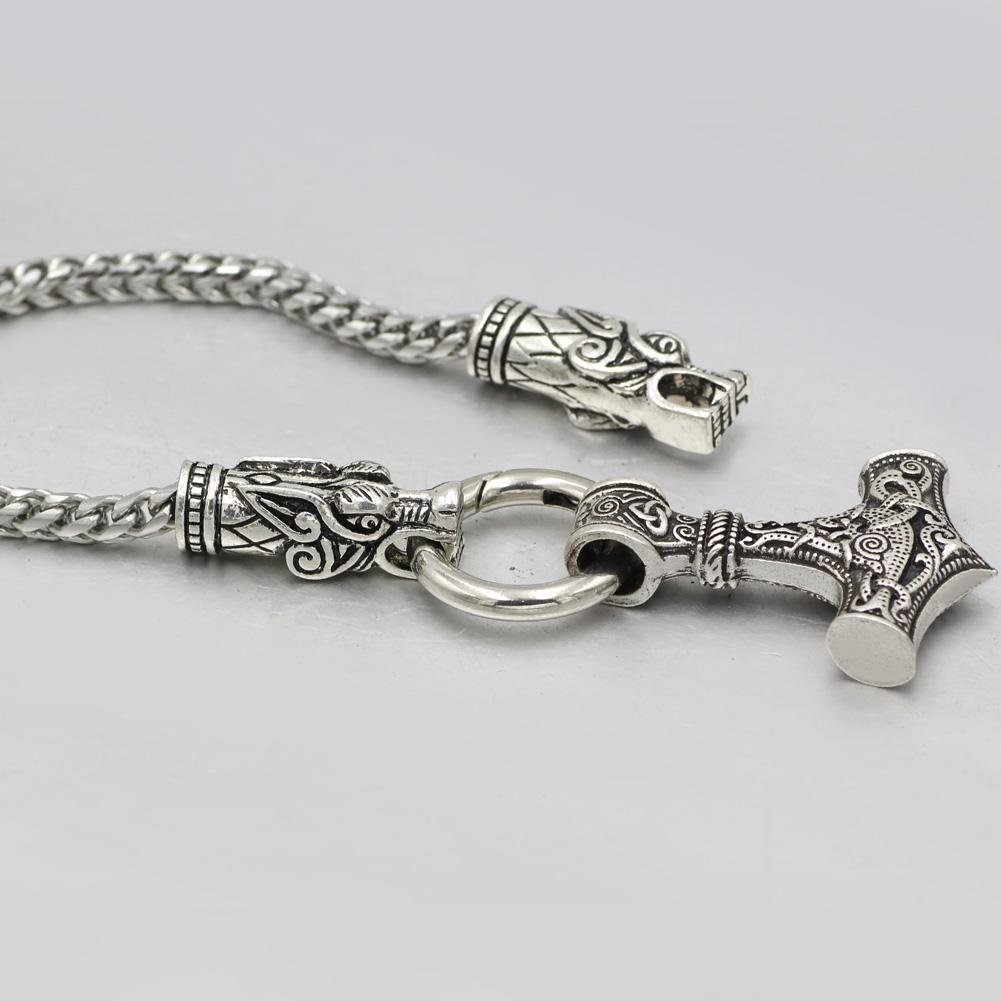 316L Stainless Steel Wolf Head Necklace with Thor's Hammer - VikingsBrand