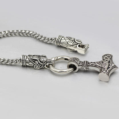 316L Stainless Steel Wolf Head Necklace with Thor's Hammer - VikingsBrand