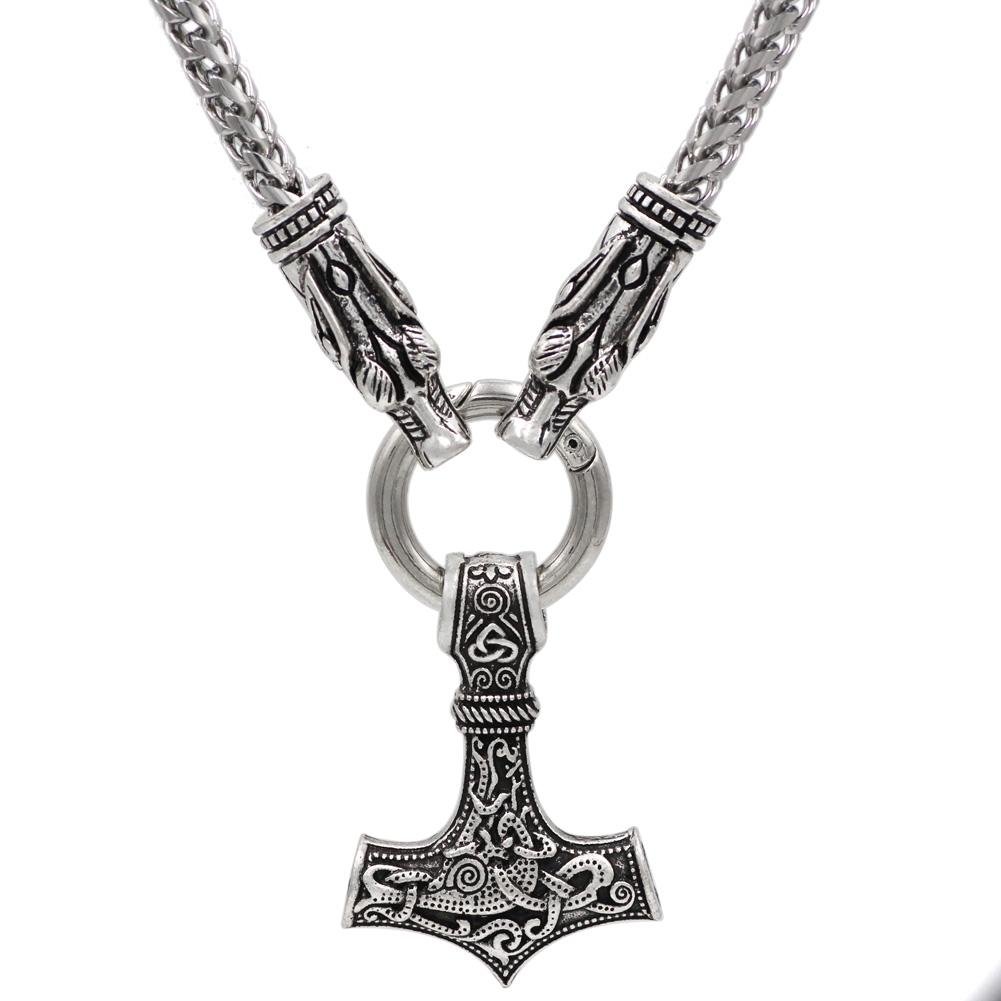 316L Stainless Steel Wolf Head Necklace with Thor's Hammer - VikingsBrand