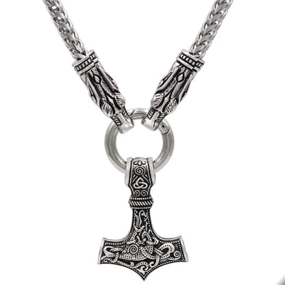 316L Stainless Steel Wolf Head Necklace with Thor's Hammer - VikingsBrand