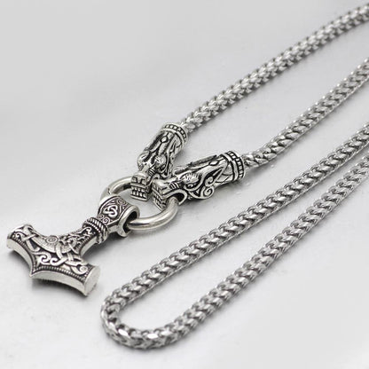 316L Stainless Steel Wolf Head Necklace with Thor's Hammer - VikingsBrand