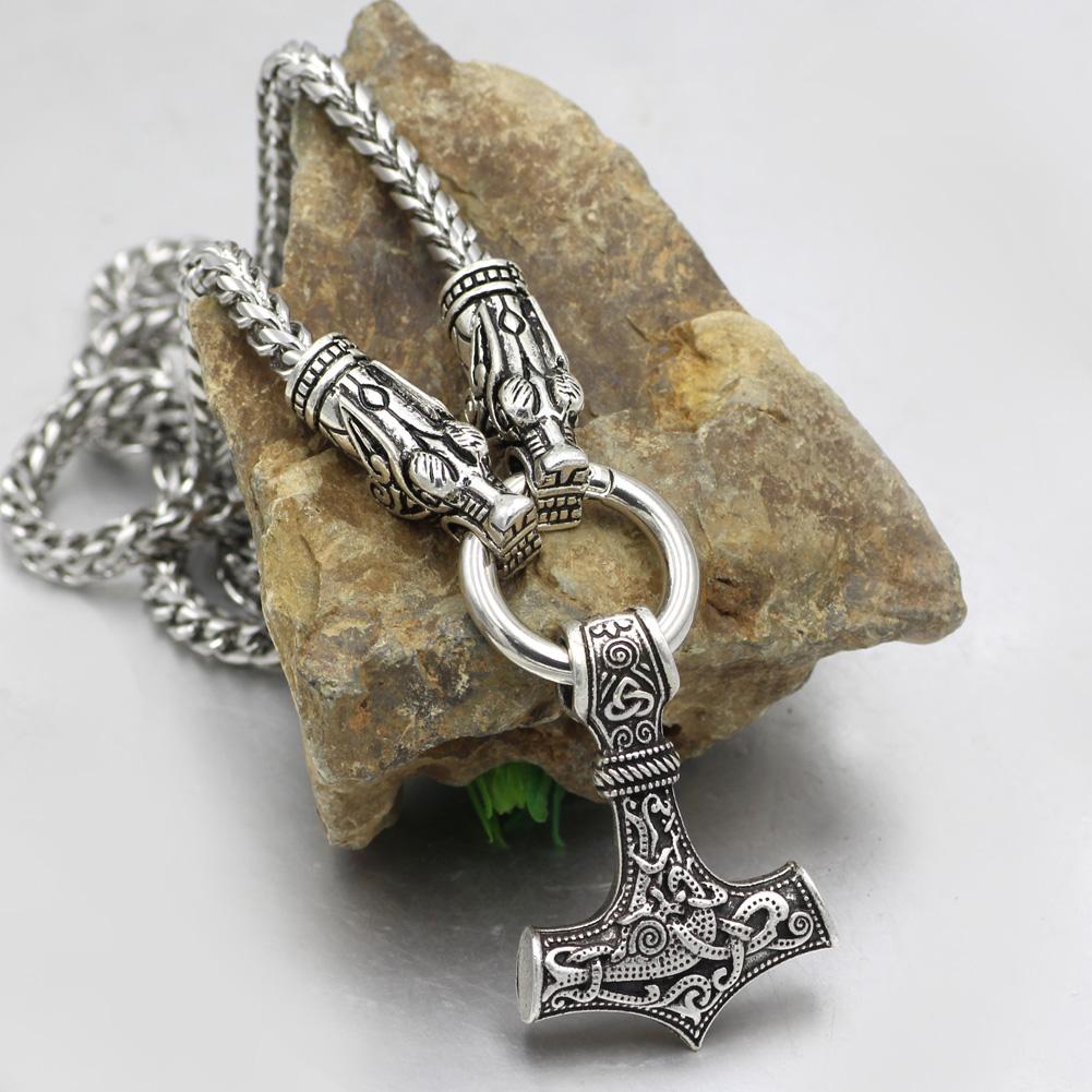 316L Stainless Steel Wolf Head Necklace with Thor's Hammer - VikingsBrand