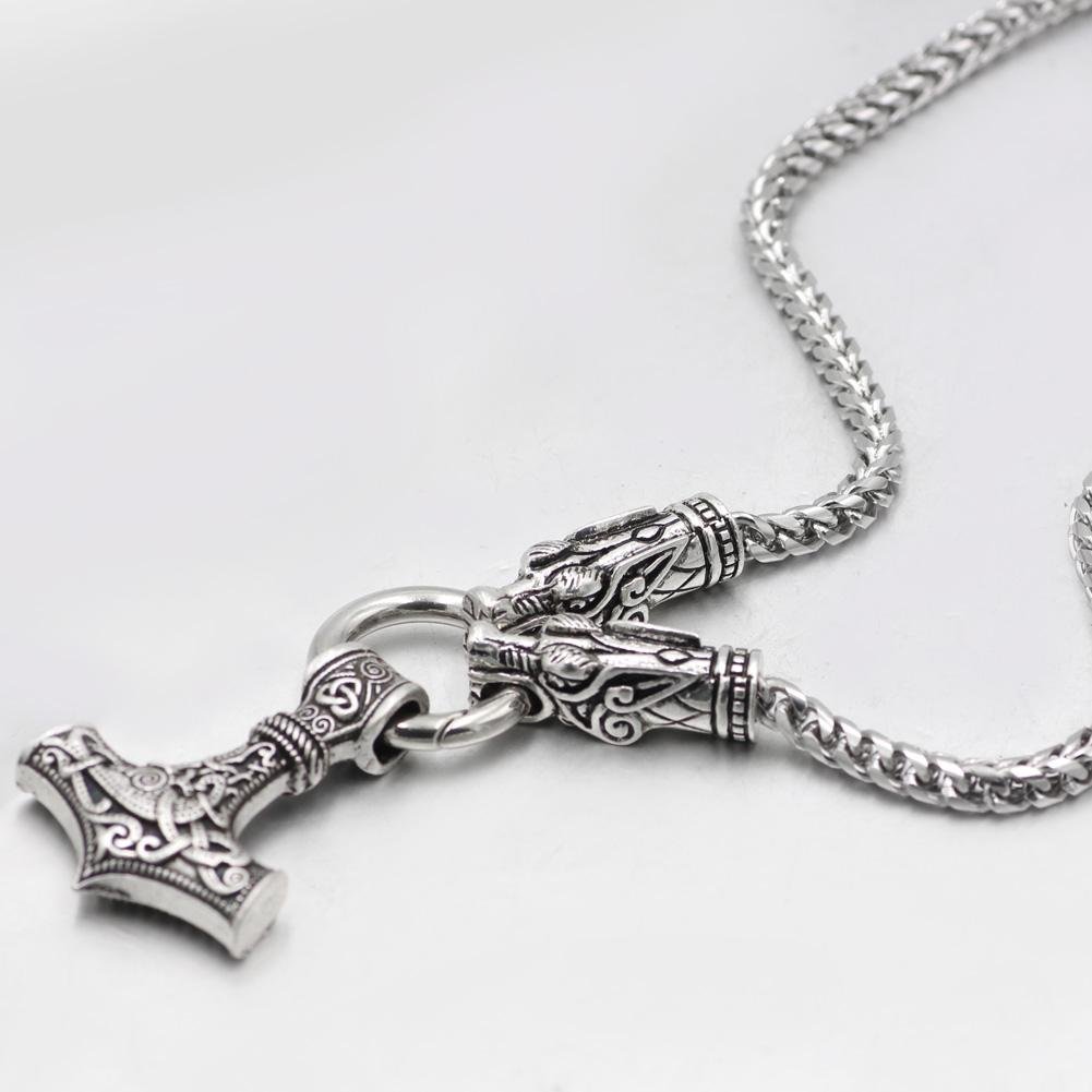 316L Stainless Steel Wolf Head Necklace with Thor's Hammer - VikingsBrand