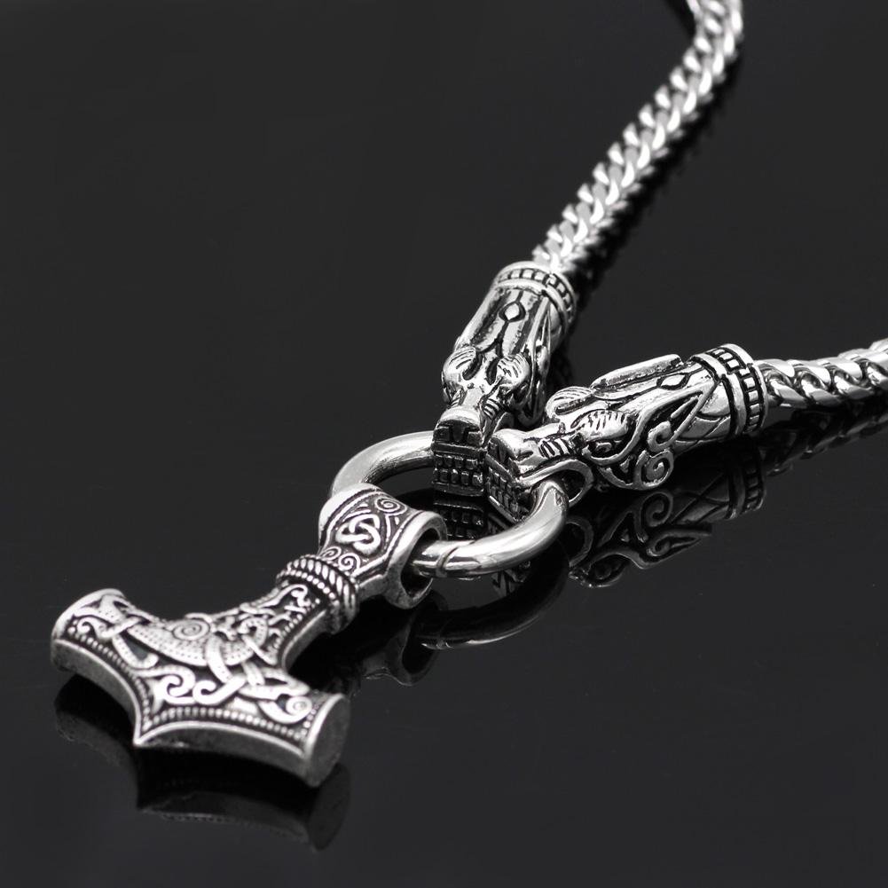 316L Stainless Steel Wolf Head Necklace with Thor's Hammer - VikingsBrand