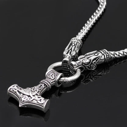 316L Stainless Steel Wolf Head Necklace with Thor's Hammer - VikingsBrand