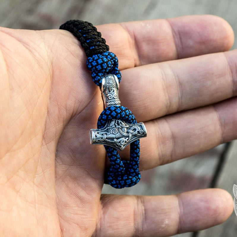 Thors Hammer Blue with Black Paracord 925 Sterling Silver Bracelet - VikingsBrand
