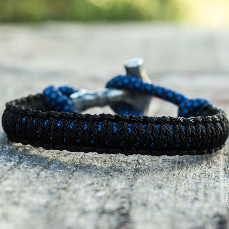 Thors Hammer Blue with Black Paracord 925 Sterling Silver Bracelet - VikingsBrand