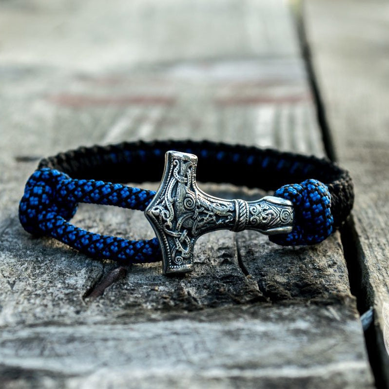 Thors Hammer Blue with Black Paracord 925 Sterling Silver Bracelet - VikingsBrand