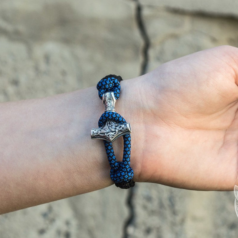 Thors Hammer Blue with Black Paracord 925 Sterling Silver Bracelet - VikingsBrand