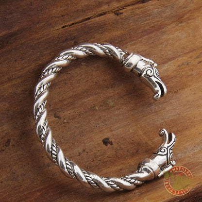 925 Sterling Silver Dragon Heads Twisted Viking Bangle Bracelet Arm Ring - VikingsBrand