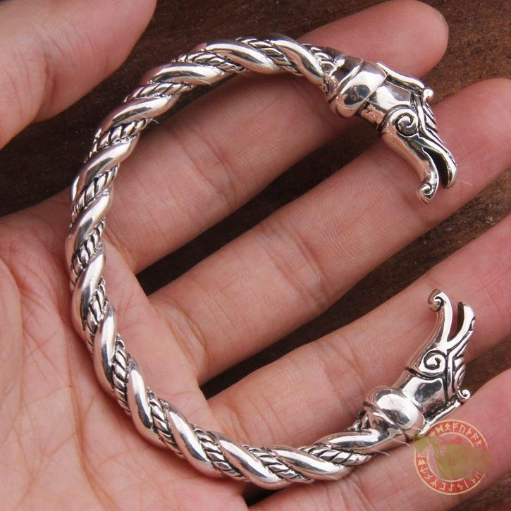 925 Sterling Silver Dragon Heads Twisted Viking Bangle Bracelet Arm Ring - VikingsBrand