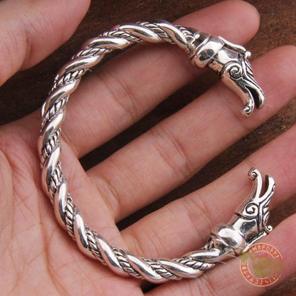 925 Sterling Silver Dragon Heads Twisted Viking Bangle Bracelet Arm Ring - VikingsBrand