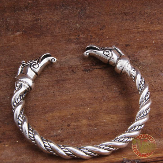 925 Sterling Silver Dragon Heads Twisted Viking Bangle Bracelet Arm Ring - VikingsBrand
