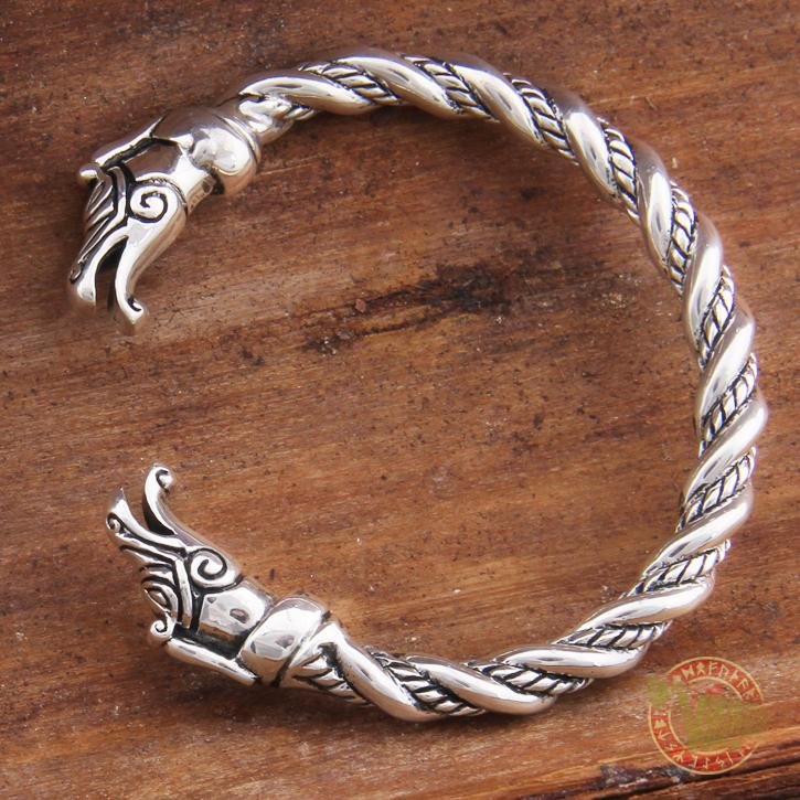 925 Sterling Silver Dragon Heads Twisted Viking Bangle Bracelet Arm Ring - VikingsBrand
