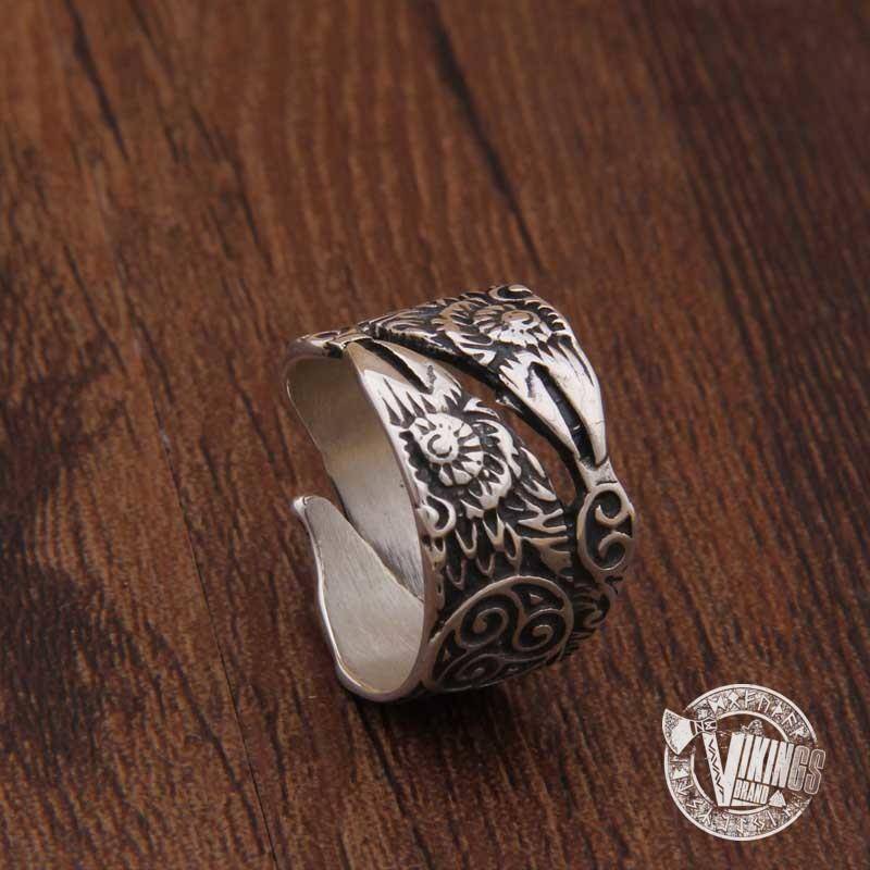 925 Sterling Silver Huginn & Muninn Viking Ring - VikingsBrand