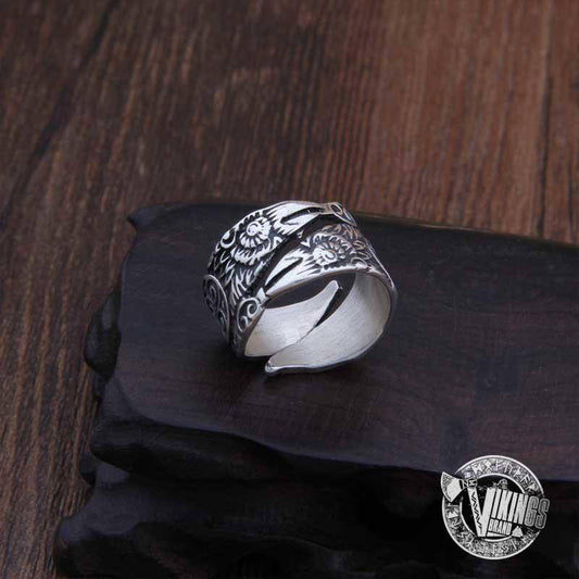 925 Sterling Silver Huginn & Muninn Viking Ring - VikingsBrand