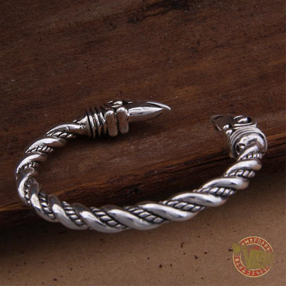 925 Sterling Silver Raven Heads Twisted Viking Bangle Bracelet Arm Ring - VikingsBrand