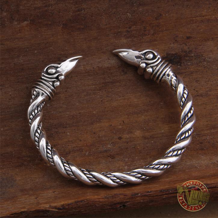 925 Sterling Silver Raven Heads Twisted Viking Bangle Bracelet Arm Ring - VikingsBrand