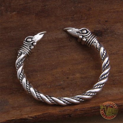 925 Sterling Silver Raven Heads Twisted Viking Bangle Bracelet Arm Ring - VikingsBrand