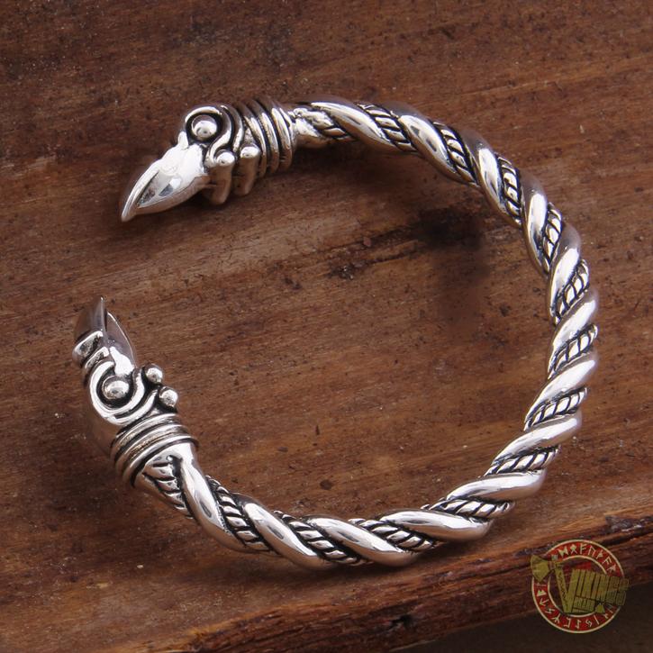 925 Sterling Silver Raven Heads Twisted Viking Bangle Bracelet Arm Ring - VikingsBrand