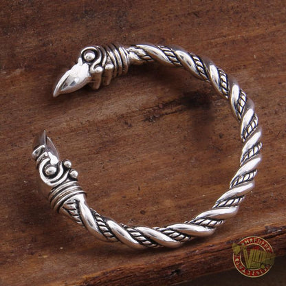 925 Sterling Silver Raven Heads Twisted Viking Bangle Bracelet Arm Ring - VikingsBrand