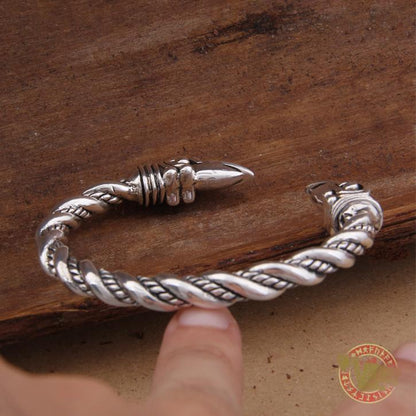 925 Sterling Silver Raven Heads Twisted Viking Bangle Bracelet Arm Ring - VikingsBrand