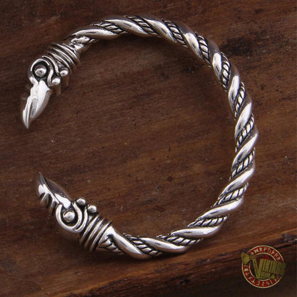 925 Sterling Silver Raven Heads Twisted Viking Bangle Bracelet Arm Ring - VikingsBrand