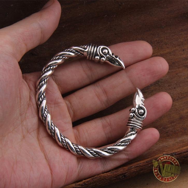 925 Sterling Silver Raven Heads Twisted Viking Bangle Bracelet Arm Ring - VikingsBrand