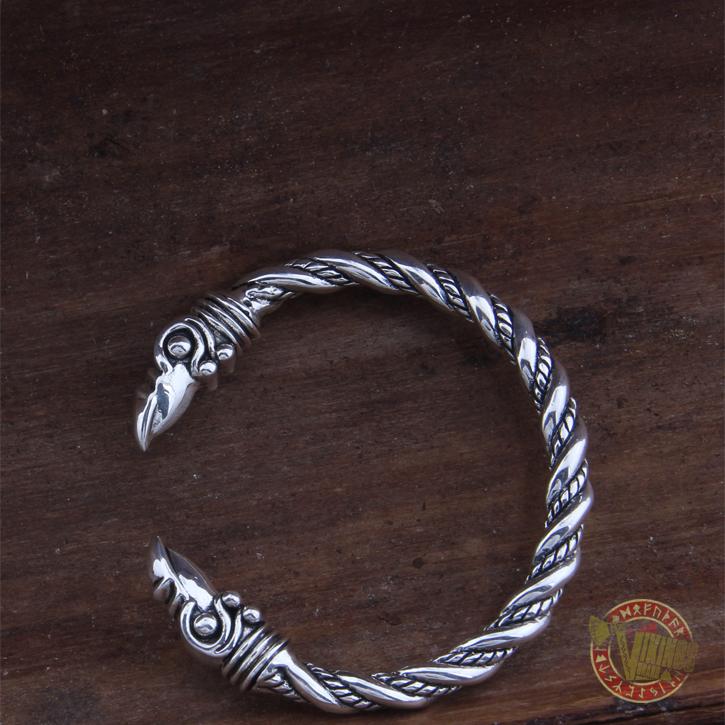 925 Sterling Silver Raven Heads Twisted Viking Bangle Bracelet Arm Ring - VikingsBrand