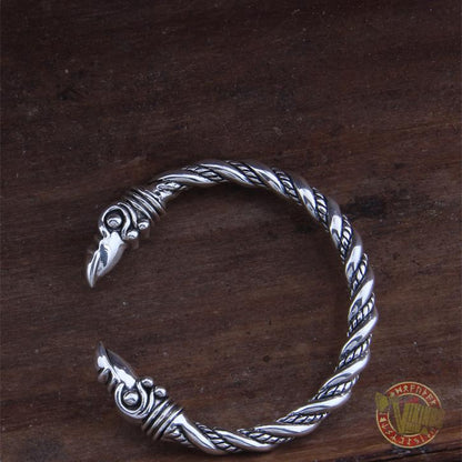 925 Sterling Silver Raven Heads Twisted Viking Bangle Bracelet Arm Ring - VikingsBrand