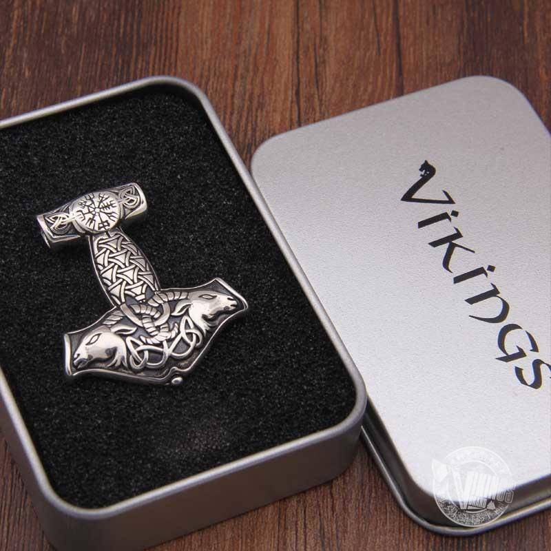 925 Sterling Silver Thor Mjolnir with Vegvisir and Goat Heads - VikingsBrand