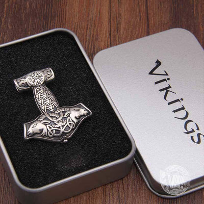 925 Sterling Silver Thor Mjolnir with Vegvisir and Goat Heads - VikingsBrand