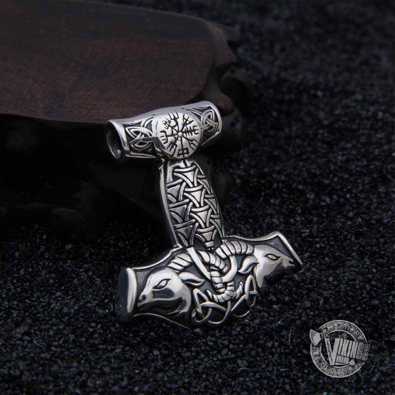 925 Sterling Silver Thor Mjolnir with Vegvisir and Goat Heads - VikingsBrand