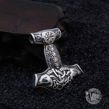 925 Sterling Silver Thor Mjolnir with Vegvisir and Goat Heads - VikingsBrand