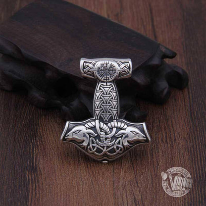 925 Sterling Silver Thor Mjolnir with Vegvisir and Goat Heads - VikingsBrand
